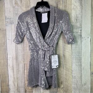 Crystal Doll Size XS Silver Sequin Wrap Short Romper w/Ruched 1/2 Sleeves